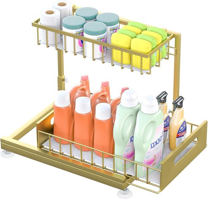 Under Sink Organizer Storage 2-Tier Premium Metal Pull-Out Racks, Height Adjustable, Heavy Dut and Easy Installation for Kitchen & Bathroom Organizers 1 Pack Gold - ModernBath
