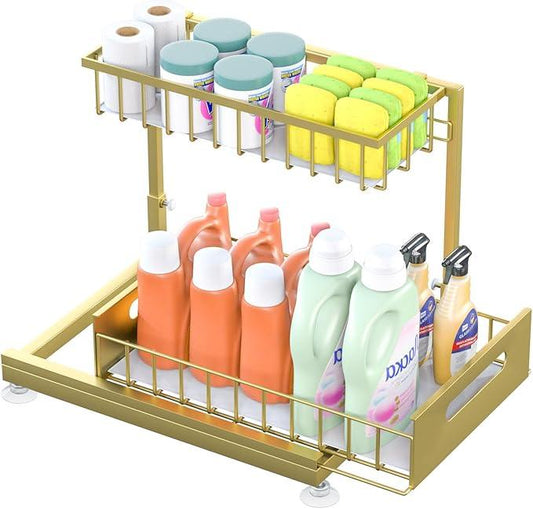 Under Sink Organizer Storage 2-Tier Premium Metal Pull-Out Racks, Height Adjustable, Heavy Dut and Easy Installation for Kitchen & Bathroom Organizers 1 Pack Gold - ModernBath