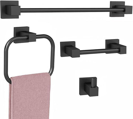4 Pieces Matte Black Bathroom Hardware Accessories Set, 16 Inch Bath Towel Holder Sets with Toilet Paper Holder, Stainless Steel Towel Racks for Bathroom Wall Mounted - ModernBath
