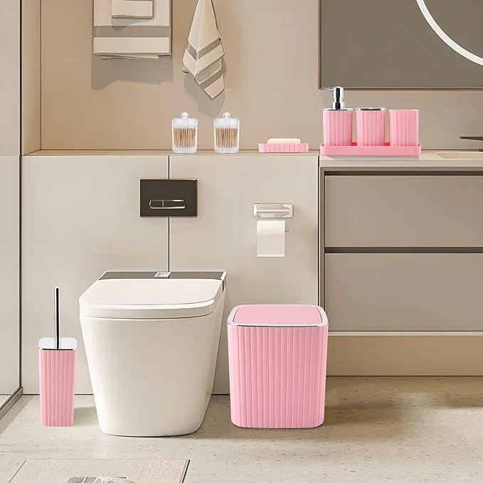 XLHOMO Pink Bathroom Accessories Set - Gorgeous Bathroom Set, 10PC Bathroom Accessory Set, Toilet Brush, Trash Can, Qtip Holder Dispenser & Soap Dispenser - ModernBath