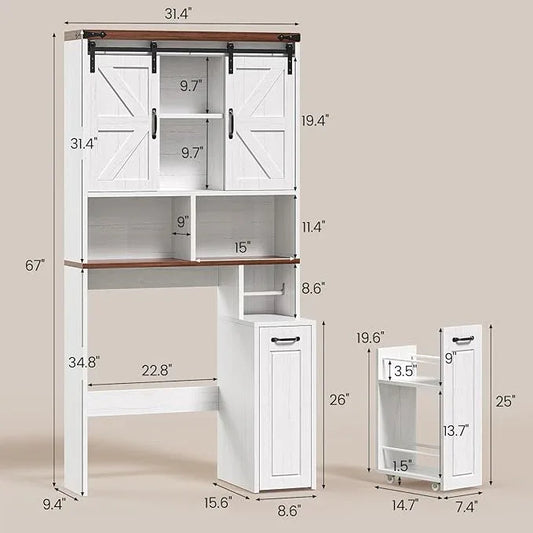 Farmhouse Over The Toilet Storage Cabinet with Pulley, Slide Barn Doors Bathroom Storage Cabinet, Space Saver W/Adjustable Shelf & Open Shelf for Bathroom, Restroom, Laundry (White Brown-Type A) - ModernBath