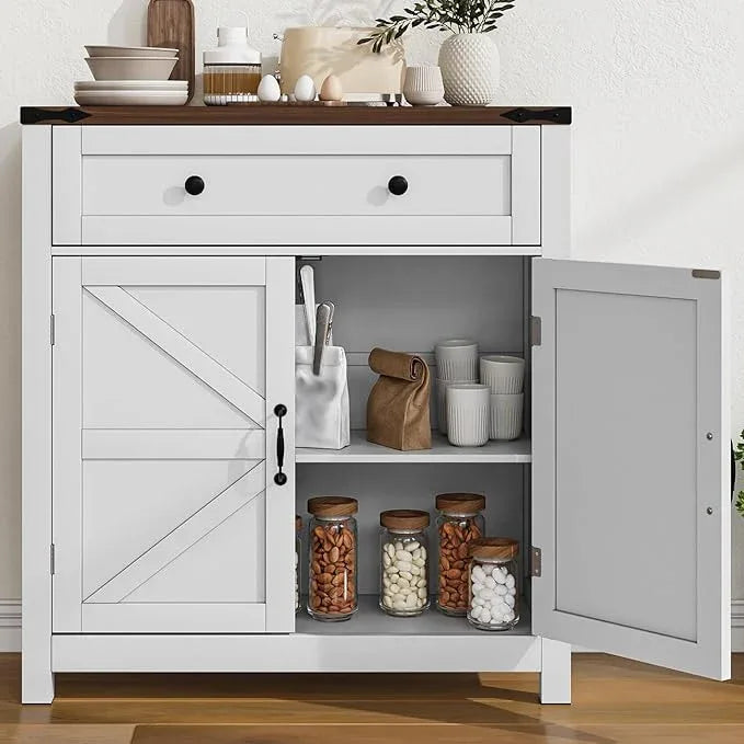 Farmhouse Storage Cabinet with 2 Doors, White Kitchen Cabinet with Walnut Countertop, Freestanding Floor Storage Cabinets Hutch Cupboard - ModernBath