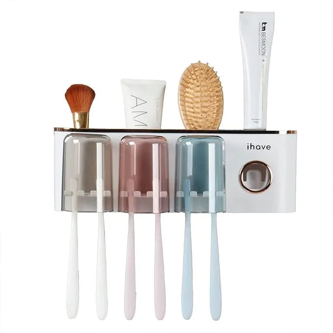 iHave Toothbrush Holders Bathroom Accessories with Toothpaste Dispenser, 3 Cups Toothbrush Holder Wall Mounted Bathroom Decor - ModernBath