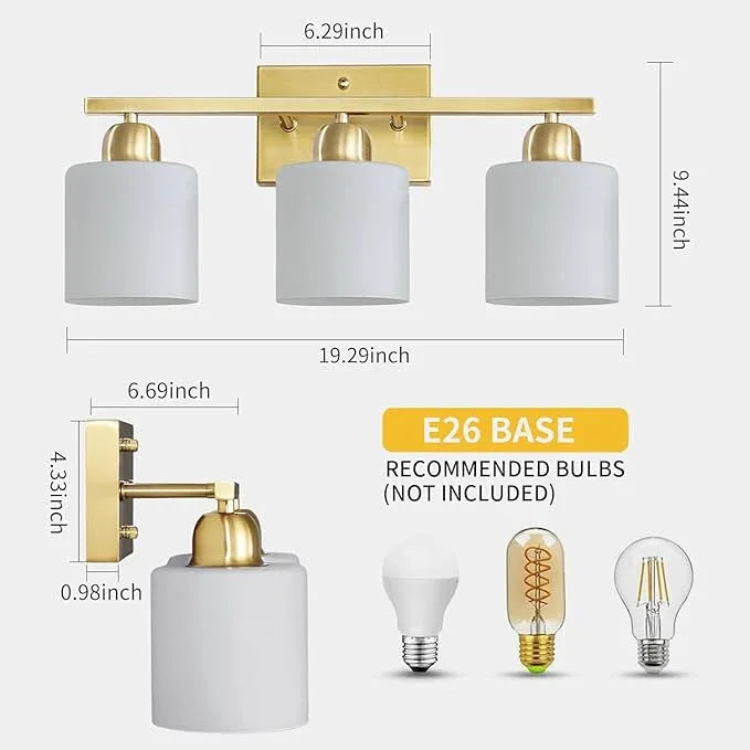 3 Light Gold Bathroom Light Fixtures, Modern Bathroom Vanity Lights with Milky White Frosted Glass Shades, Gold Vanity Mirror with Lights for Mirror Living Room E26 Base - ModernBath