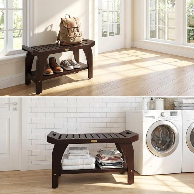 DecoTeak Tranquiity 30 Inch Brown Waterproof Teak Wood Shower Bench Stool Seat Chair for Inside Shower Provides Safety, Storage, and Organization for Bathroom Accessories - ModernBath