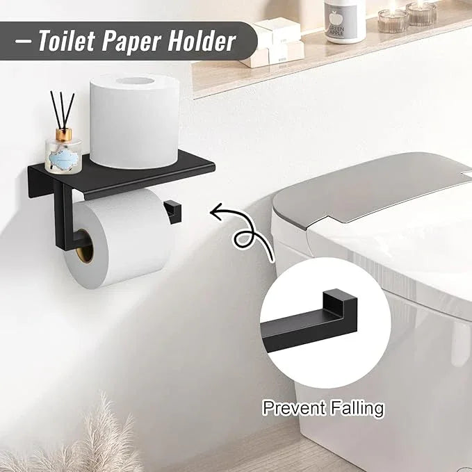 YACVCL 5 Pieces Matte Black Bathroom Hardware Accessorie Set 23.6 Inch Towel Bar Set SUS304 Stainless Steel Towel Rack&Holder Set for Bathroom,Toilet Paper Holder with Shelf Wall-Mounted - ModernBath