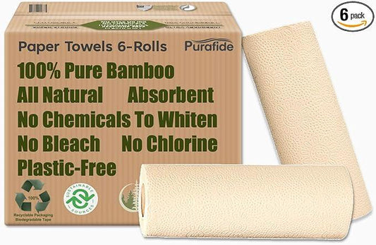Purafide 100% Bamboo Paper Towels, Tree-Free, Chemical-Free, Lint-Free, Durable, Absorbent, Select-a-Size 2-Ply, 90 Sheets Per Roll. (PT 6 Rolls) - ModernBath