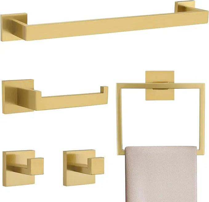 Brushed Gold 5 Pieces Bathroom Hardware Accessories Set Towel Bar Set Towel Holder&Racks Set for Bathroom,SUS304 Stainless Steel,Wall Mounted 16-Inch - ModernBath