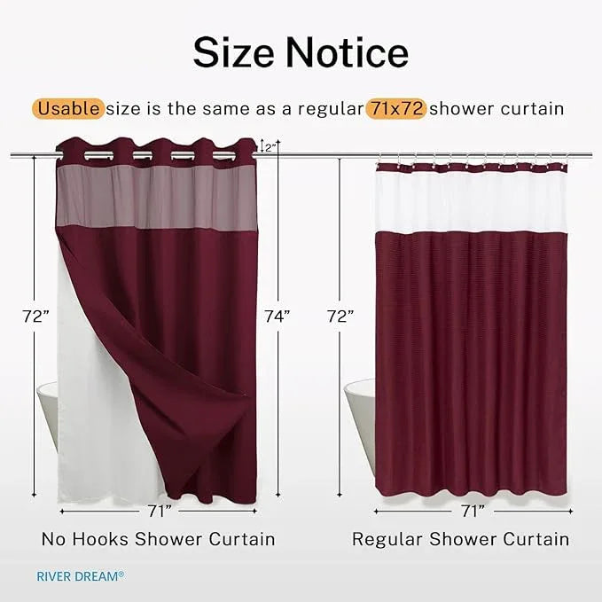 River Dream Heavyweight No Hooks Required Dotted Waffle Weave Shower Curtain with Snap in Liner - 71W x 74H,Hotel Grade,Spa Like Bath Curtain,Red Rio - ModernBath