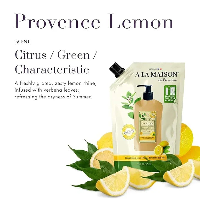 A LA MAISON French Liquid Hand Soap RefilL - Natural Hand Wash Made with Essential Oils - Biodegradable, Plant-Based, Vegan, Cruelty-Free (33.8 Fl Oz Pouch, 2 Pack, Provence Lemon) - ModernBath