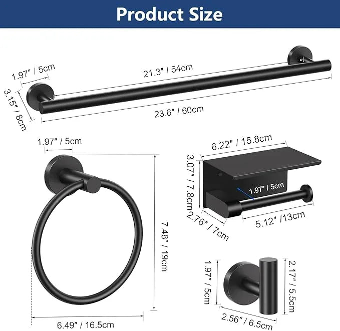 TQKAG 5 Piece Bathroom Towel Bar Holder Sets Matte Black Bathroom Hardware Set Stainless Steel Toilet Paper Holder with Shelf Bathroom Accessories Kit Wall Mounted - ModernBath