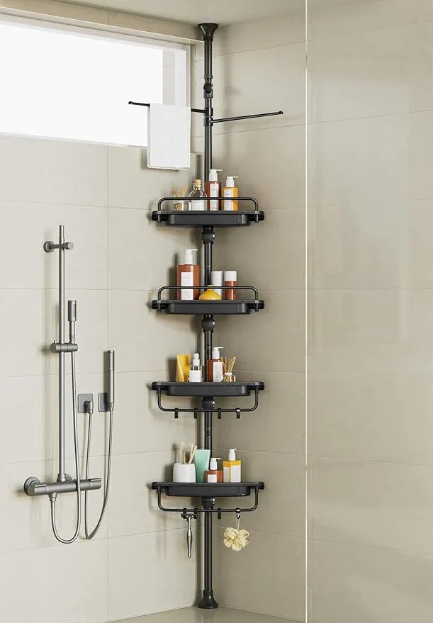 32-122inch Corner Shower Caddy Tension Pole Black, Rustproof Drill-Free Shower Shelves for Bathroom Bathtub Washbasin, Adjustable Shower Organizer with 4 Tier Patent Stable Shelves & Towel Bars - ModernBath