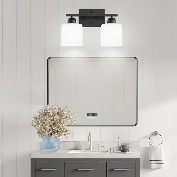 2 Light Black Bathroom Light Fixture, Modern Bathroom Lights with Milky White Frosted Glass Shades for Mirror Living Room Bedroom Hallway E26 Base - ModernBath