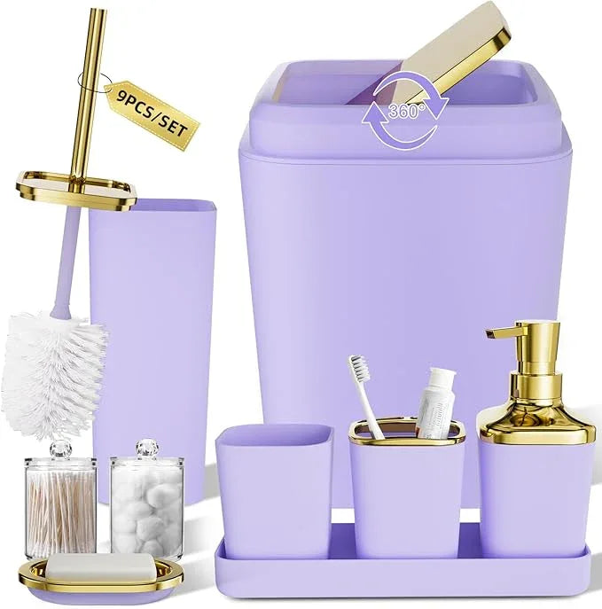 XLHOMO Purple Bathroom Accessories Set, Purple and Gold Bathroom Accessories with Trash Can, Soap Dispenser, Soap Dish, Toothbrush Holder and Q-tip Holders - ModernBath