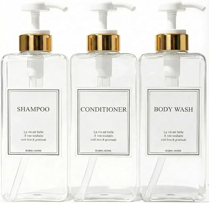 Modern Gold Design Shampoo and Conditioner Dispenser, Large 27oz Shower Soap Dispenser, Set of 3 Refillable Empty Plastic Pump Bottles for Bathroom, 6 Waterproof Labels Included, (Clear & White) - ModernBath