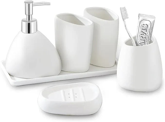 BLBYHO Ceramic Bathroom Accessory Set with Ceramic Tray, 6 Pieces Bathroom Countertop Accessory Set, Include Soap Dispenser, Toothbrush Holder, 2 Tumbler, Soap Dish, Vanity Tray,White - ModernBath