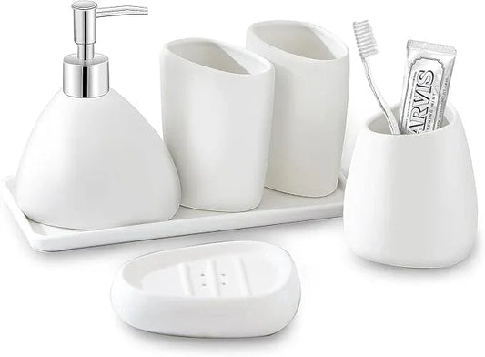 BLBYHO Ceramic Bathroom Accessory Set with Ceramic Tray, 6 Pieces Bathroom Countertop Accessory Set, Include Soap Dispenser, Toothbrush Holder, 2 Tumbler, Soap Dish, Vanity Tray,White - ModernBath