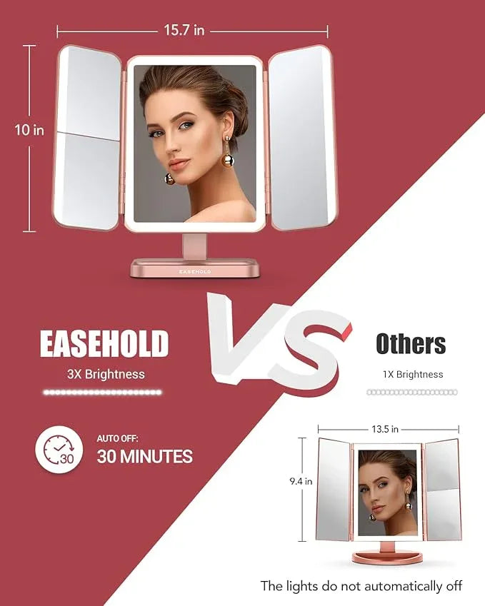 EASEHOLD Rechargeable Vanity Mirror with Lights, 116 LEDs Make up Mirror, 3-Color Lighted Makeup Mirror, 2X/3X/10X Magnification, 5000 mAh, Touch Sensor, Light up Mirror, Gifts for Women - ModernBath