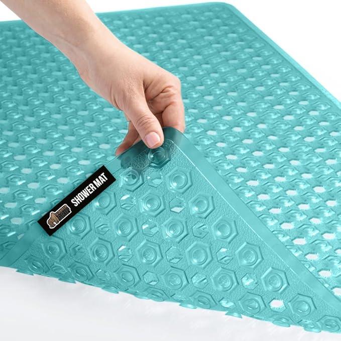 GORILLA GRIP Patented Bath Tub Shower Mat, Machine Washable Bathtub Floor Liner Mats, Suction Cups and Drain Holes to Keep Tubs Clean, Soft on Feet, Bathroom Essentials, 35x16 Inch, Clear Turquoise - ModernBath