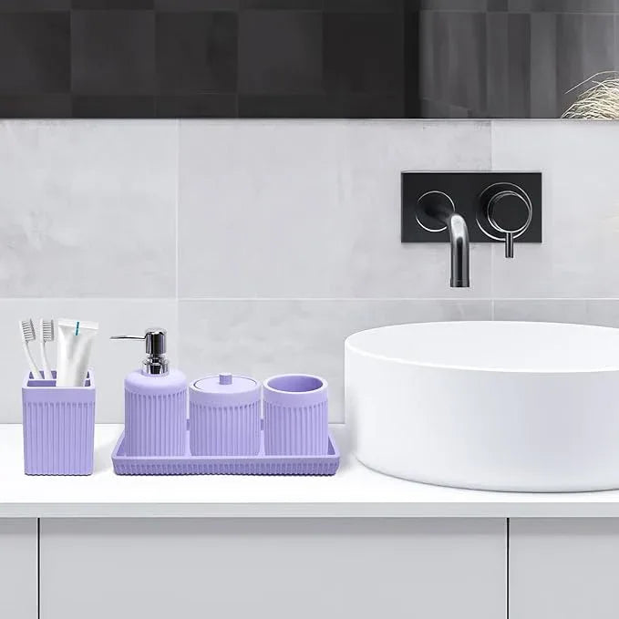 XLHOMO Resin Light Purple Bathroom Accessories Set 5 Pcs, Lotion Soap Dispenser, Toothbrush Holder, Bathroom Tumbler, Qtip Holder and Vanity Tray, Bathroom Countertop Organizer Set for Home Apartment - ModernBath