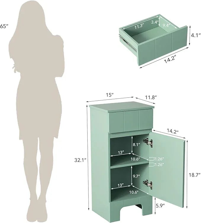 Small Bathroom Cabinet with Adjustable Shelves, Drawer, Anti-Tip Design, 14.96" L x 11.81" W x 32.09" H, Durable MDF for Bathroom, Kitchen, Laundry Storage, Soft-Close Door - ModernBath