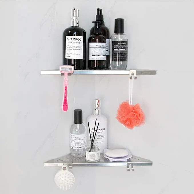 Shower Corner Shelf with 4 Hooks,No-Drill 10" Brushed Nickel 304 Stainless Steel Recessed Shelves for Bathroom Tile Walls,2-Pack - ModernBath