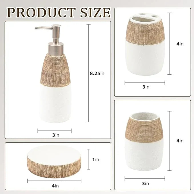 CERBIOR Bathroom Accessories Set,4 Pcs Ceramic Bathroom Decor Accessory,Includes Toothbrush Holder, Toothbrush Cup, Soap Dish for Decorative Countertop and Housewarming Gift, (Brown White) - ModernBath