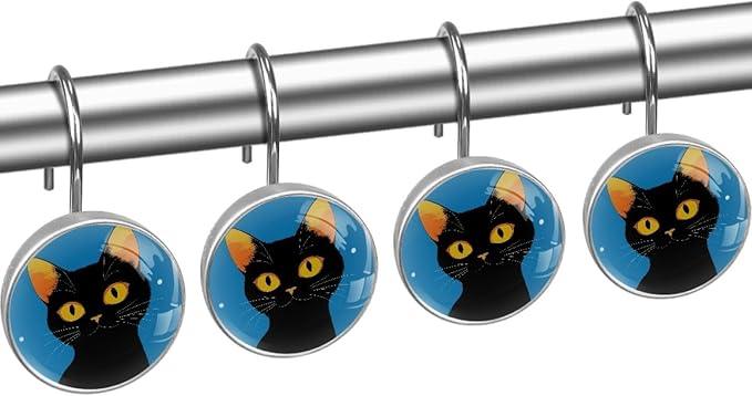 Cartoon Cat Crystal Glass Shower Curtain Hooks for Bathroom Shower Rod, 12Pcs Round Home Decorative Shower Curtain Rings, Bathroom Bedroom Living Room Accessories - ModernBath