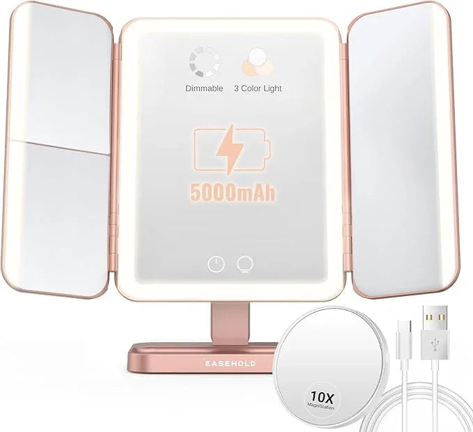 EASEHOLD Rechargable Makeup Mirror Vanity Mirror with Lights, 5000Mah & USB Cable, 112 LEDs Lighted Trifold Mirror with 1X 2X 3X 10X Magnification, Smart Touch, Portable Cosmetic Beauty Mirror - ModernBath