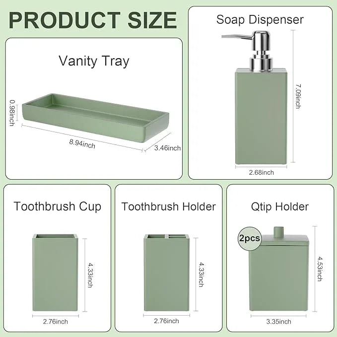 Sage Green Bathroom Accessories Set Resin 6PCS, Square Toothbrush Holders Set Complete with Soap Dispenser, Vanity Tray, Tumbler, Cups and Cotton Swab Jars for Counter, Sink or Small Spaces - ModernBath