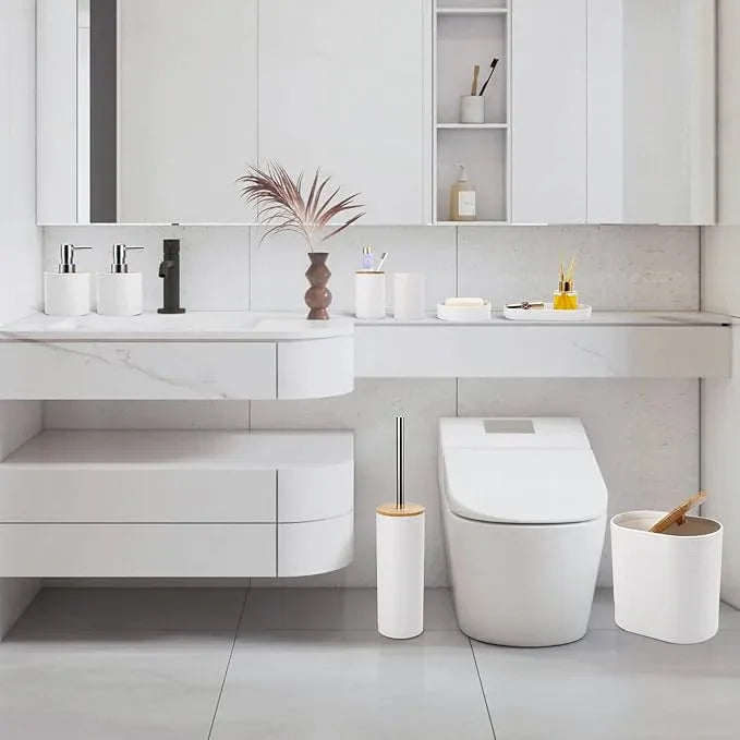 XLHOMO White Bathroom Set, White Bathroom Accessories Set with Trash Can, 2PCS Soap Dispensers, Soap Dish, Toothbrush Holder, Toothbrush Cup,Toilet Brush, Tray and Qtip Holders for Bathroom Decor - ModernBath