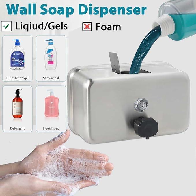 Commercial Soap Dispenser Wall Mount – Antirust Stainless Steel Soap Dispenser Liquid 38.8oz Large Capacity (Horizontal), Anti-Leak SUS304 Brushed Metal for Bathroom & High-Traffic Areas - ModernBath