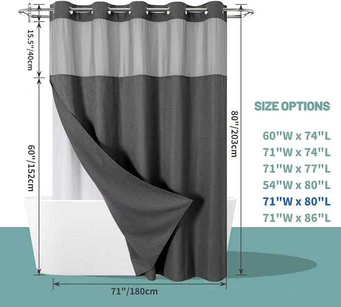 eachope Charcoal Grey Long No Hook Waffle Weave Shower Curtain with snap-in Liner Replacement, 230GSM Waterproof Fabric Hotel Shower Curtain Set for Bathroom, Through Mesh Top Window,71Wx80H - ModernBath