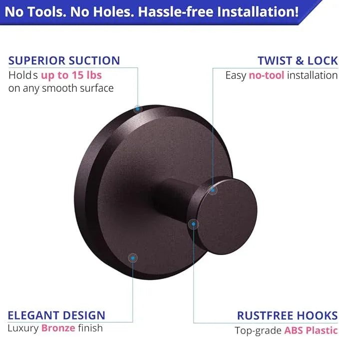 HOME SO Suction Cup Hooks for Shower, Bathroom, Kitchen, Glass Door, Mirror, Tile – Loofah, Towel, Coat, Bath Robe Hook Holder for Hanging up to 15 lbs – Waterproof & Rustproof, Dark Bronze (2-Pack) - ModernBath