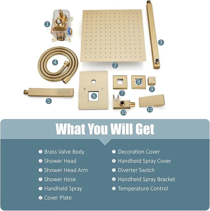Aolemi Shower Faucet Set Rain Shower System with Handheld Spray Bathroom Shower Combo Rough-in Valve and Shower Trim Kit Included Brushed Gold 12 Inch Wall Mount Shower Head - ModernBath