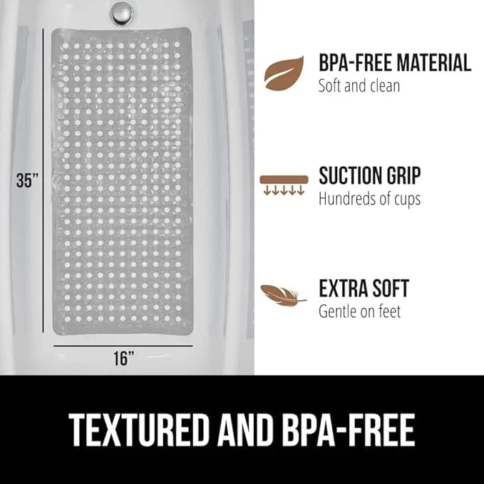 GORILLA GRIP Patented Bath Tub Shower Mat, Machine Washable Bathtub Floor Liner Mats, Suction Cups and Drain Holes to Keep Tubs Clean, Soft on Feet, Bathroom Essentials, 35x16 Inch, Gray Opaque - ModernBath