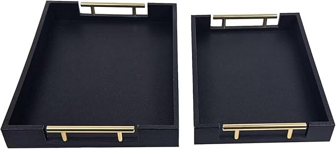 Set of 2 Wood Serving Tray with Gold Polished Metal Handles, Home Decorative Wooden Rectangle Ottoman Leather Decor Platter Bathroom Vanity Tray for All Occasions (Black) - ModernBath
