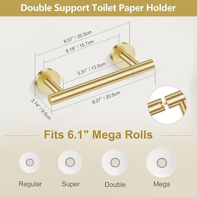 TQKAG Brushed Gold 5 Piece Bathroom Hardware Accessories Set 23.6" SUS304 Stainless Steel Bathroom Towel Bar Holder Sets Double Post Pivoting Toilet Paper Holder Set Wall Mounted - ModernBath