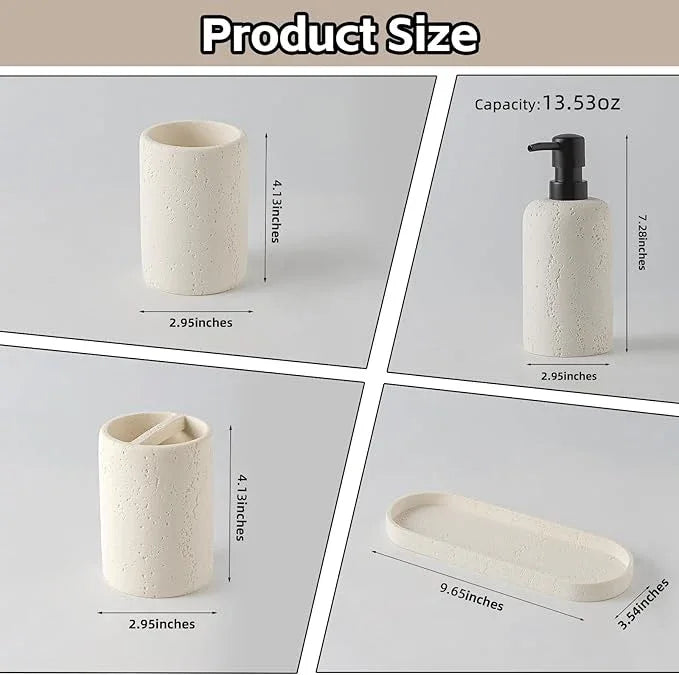 WUUAHOME Bathroom Accessories Set, 4 Piece Travertine Stone Look Collection, Modern Bath Organizer with Soap Dispenser, Toothbrush Holder, Tumbler, Vanity Tray for Countertop Kitchen Sink (Off White) - ModernBath