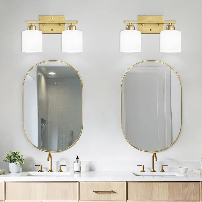 FAISHILAN 2 Light Bathroom Vanity, Bathroom Lights Over Mirror with Milky White Frosted Glass Shades, Gold Vanity Light for Mirror Living Room Bedroom Hallway E26 Base - ModernBath