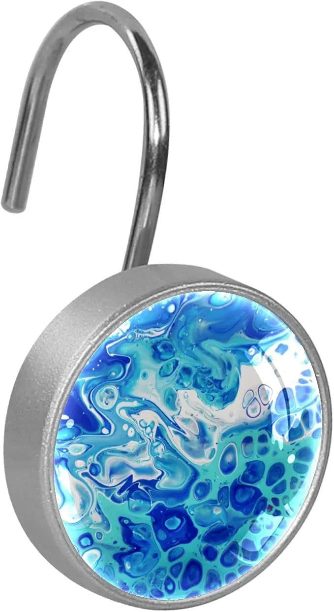 12 Pcs Decorative Shower Curtain Hooks, Rust Proof Glass Surface Stainless Steel Rings for Bathroom Bedroom Kitchen Home Bath Room Rods Decor (Turquoise Liquid Texture) - ModernBath