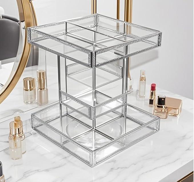 Hersoo 360 Degree Rotation Cosmetic Organizer -Premium Makeup Storage with Spin Base,Antique Countertop Cosmetic Storage,Large Capacity,Beauty Display for Countertop,Vanity or Bathroom (silver) - ModernBath