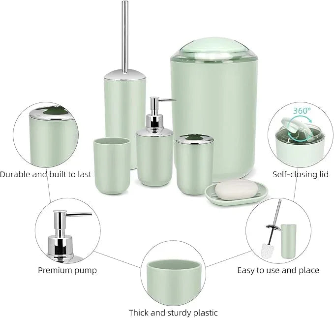 IMAVO Bathroom Accessories Set,Green Bathroom Set,7 Pieces Bathroom Accessory Set,Tray,Toilet Brush,Trash Can for Bathroom Décor and Housewarming Gifts - ModernBath