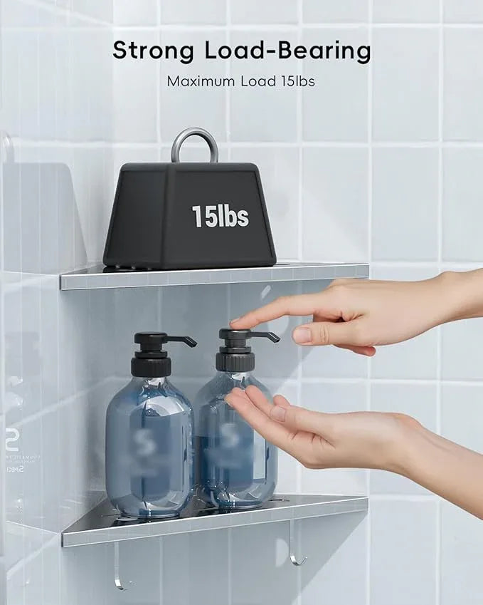 DAYONE 2 Pack Corner Shower Shelves 10", Chrome 304 Stainless Steel Recessed Bathroom Shelf with Razor Holding Hole and 2 Hools, for Tiled Wall No Drilling Needed - ModernBath