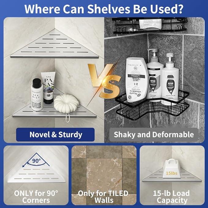 Corner Shower Shelf 10", Brushed 304 Stainless Steel Slot Design Recessed Corner Shelves Bathroom Grout in Shelf for Tiled Wall, 2 Pack - ModernBath