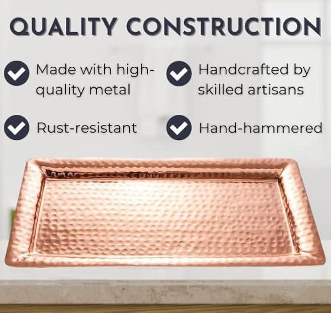 Monarch Abode Decorative Tray – 16-Inch Hand Hammered Copper Plated Metal Bathroom Tray Countertop, Vanity Trays Organizer, Perfume Plate for Dresser, Kitchen Countertop Large Fruit Platter - ModernBath