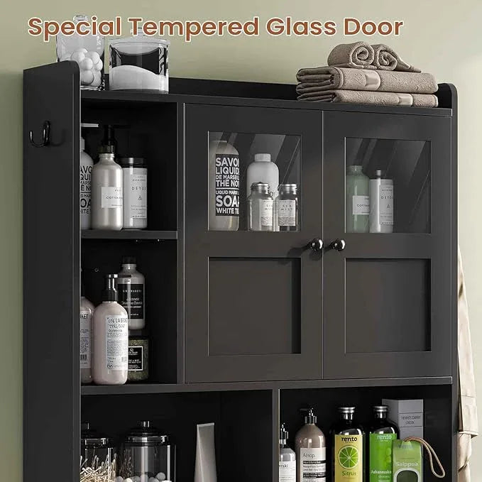 Itaar Over The Toilet Storage Cabinet, Over Toilet Bathroom Organizer with Glass Doors & Toilet Paper Holder Stand, Home Space-Saving Toilet Rack, for Bathroom, Restroom, Laundry(Black) - ModernBath