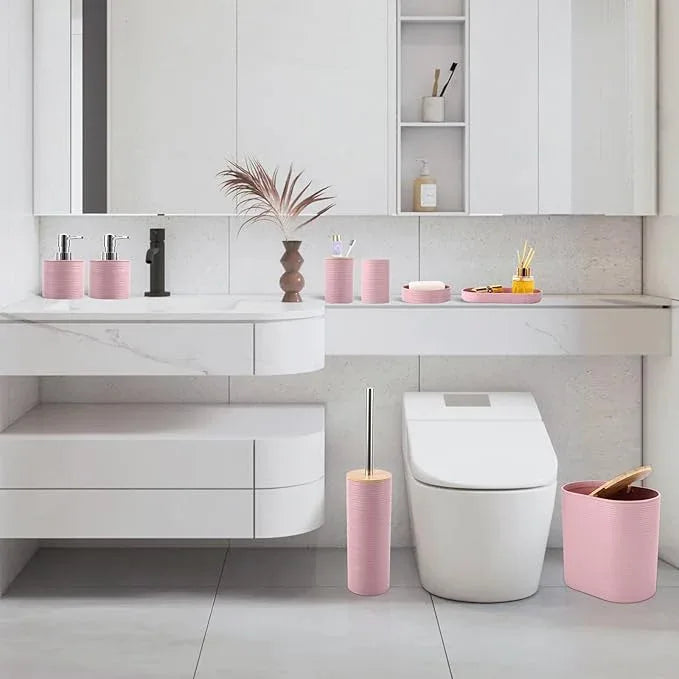XLHOMO Pink Bathroom Set, Pink Bathroom Accessories Set with Trash Can, 2PCS Soap Dispensers, Soap Dish, Toothbrush Holder, Toothbrush Cup,Toilet Brush, Tray and Qtip Holders for Bathroom Decor - ModernBath