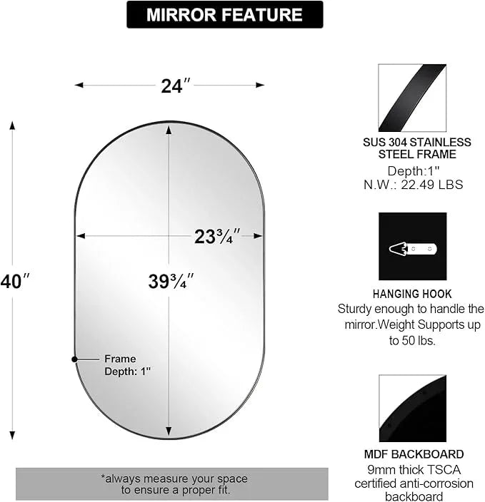 ANDY STAR Oval Mirrors for Bathroom, 24x40’’ Black Vanity Mirror, Black Oval Mirror Pill Shaped, 1’’ Deep Stainless Steel Frame, Wall-Mounted Horizontally/Vertically - ModernBath