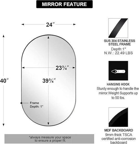 ANDY STAR Oval Mirrors for Bathroom, 24x40’’ Black Vanity Mirror, Black Oval Mirror Pill Shaped, 1’’ Deep Stainless Steel Frame, Wall-Mounted Horizontally/Vertically - ModernBath